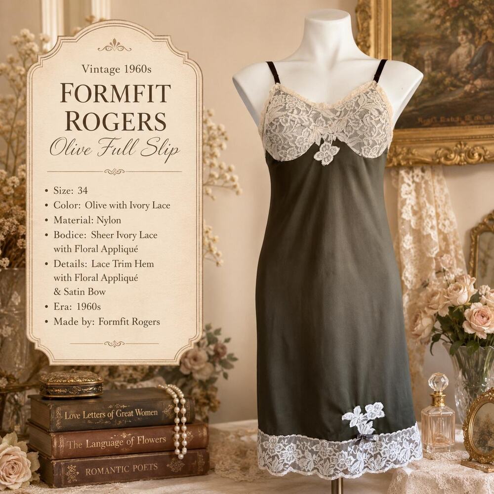 Vintage 60s Formfit Rogers Olive Full Slip Lace Bodice Floral Appliqué Sz 34